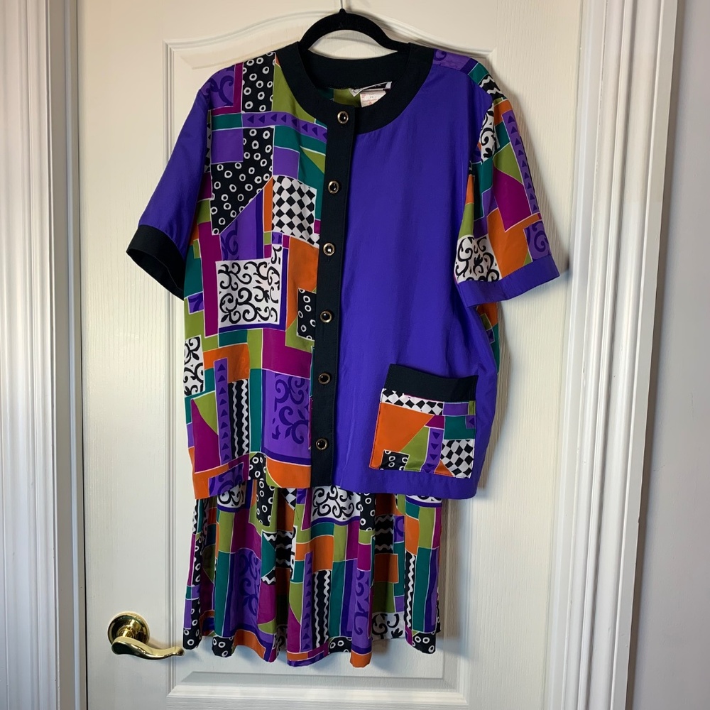80s‎ Vintage SET Florentine Petites Colorblock Geometric Skirt Purple Orange 16P